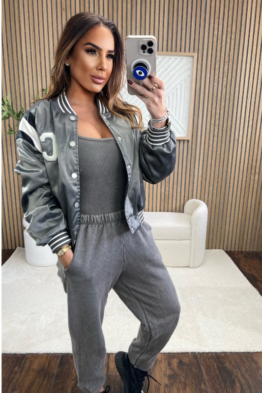 Green Gray Cropped Satin Bomber Varsity Jacket - STYLED BY ALX COUTURECoats & Jackets