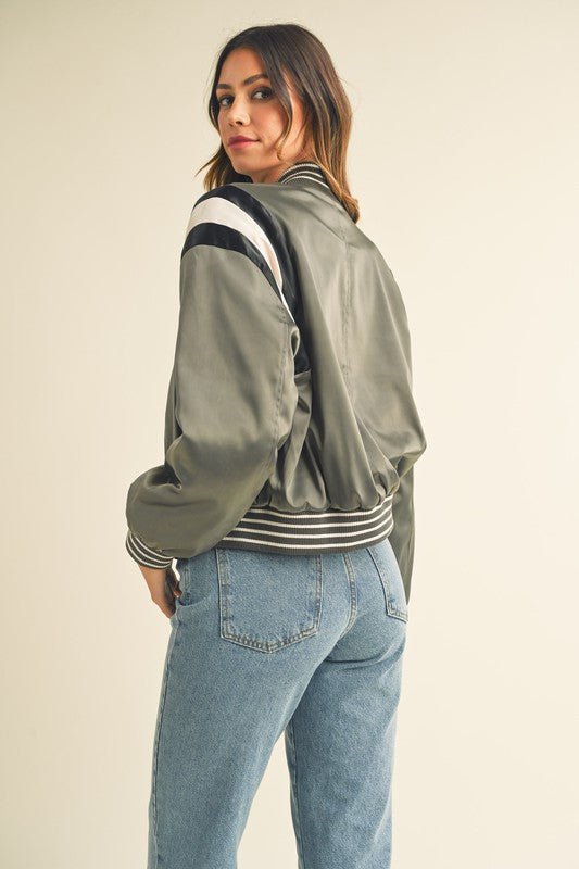 Green Gray Cropped Satin Bomber Varsity Jacket - STYLED BY ALX COUTURECoats & Jackets