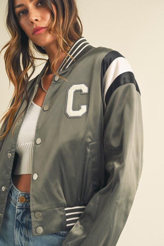 Green Gray Cropped Satin Bomber Varsity Jacket - STYLED BY ALX COUTURECoats & Jackets