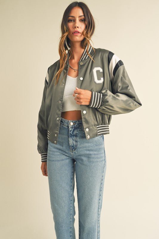 Green Gray Cropped Satin Bomber Varsity Jacket - STYLED BY ALX COUTURECoats & Jackets