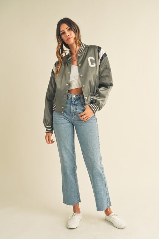 Green Gray Cropped Satin Bomber Varsity Jacket - STYLED BY ALX COUTURECoats & Jackets