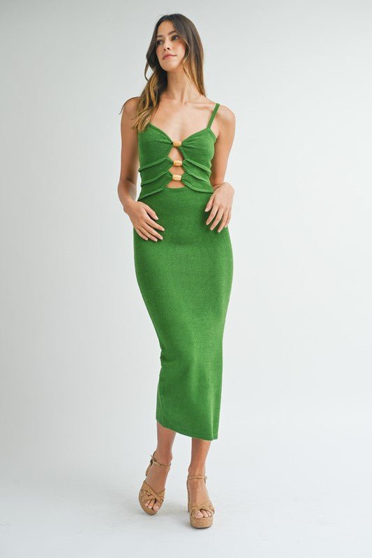 Green Knit Bodycon Front Cutout Midi Dress - STYLED BY ALX COUTUREDRESS