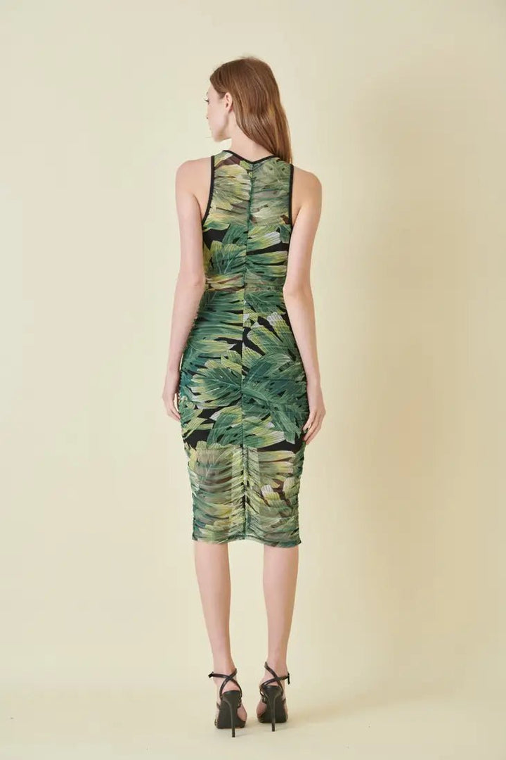 Green Resort Beach Mesh Leaf Print Ruched Midi - STYLED BY ALX COUTUREDRESS