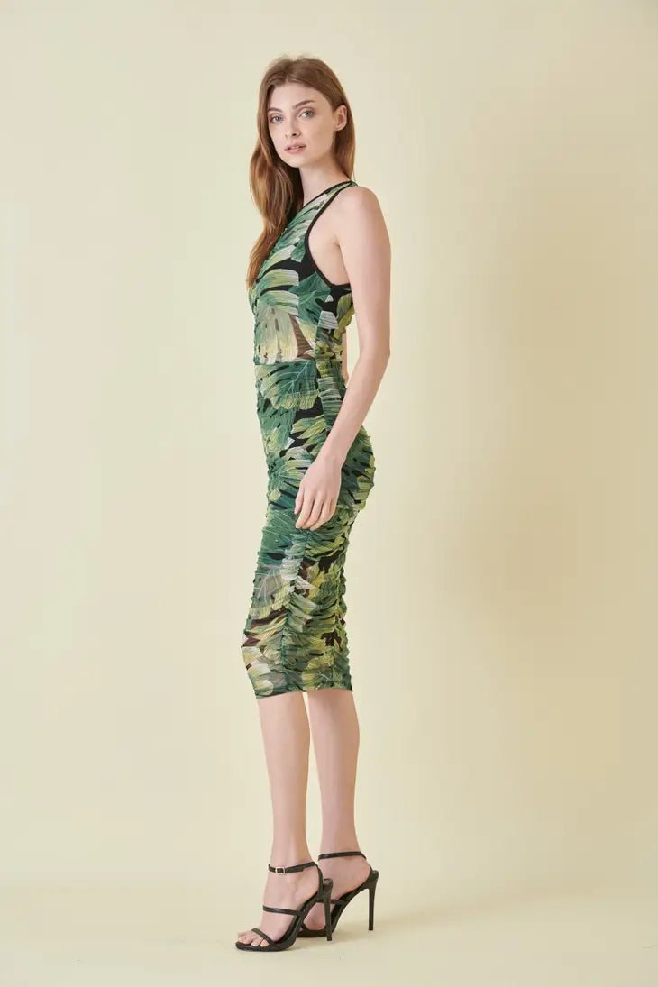 Green Resort Beach Mesh Leaf Print Ruched Midi - STYLED BY ALX COUTUREDRESS