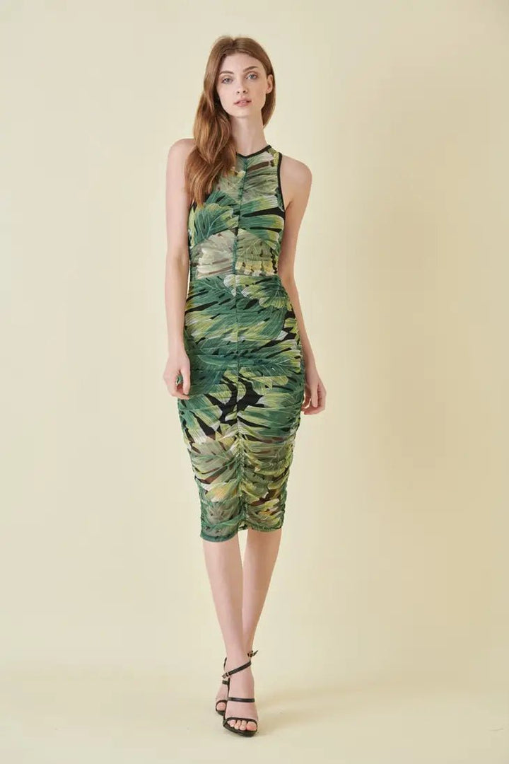 Green Resort Beach Mesh Leaf Print Ruched Midi - STYLED BY ALX COUTUREDRESS