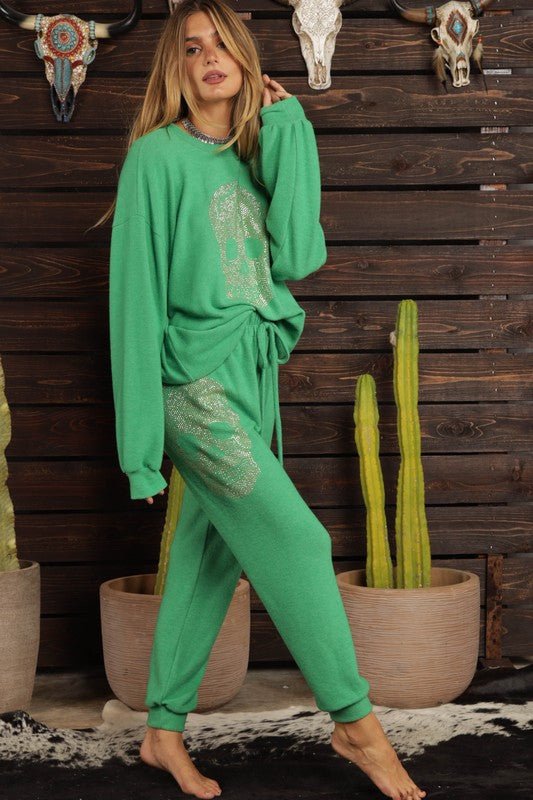 Green Stud Skull Hacci Brush Pants - STYLED BY ALX COUTURELoungewear