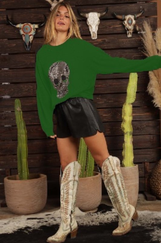 Green Stud Skull Hacci Brush Sweatshirt - STYLED BY ALX COUTURELoungewear
