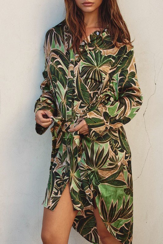 Green Tropical Tie Shirt Dress - STYLED BY ALX COUTUREDRESS