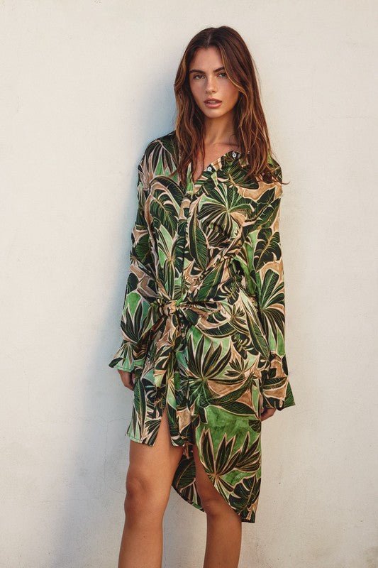 Green Tropical Tie Shirt Dress - STYLED BY ALX COUTUREDRESS