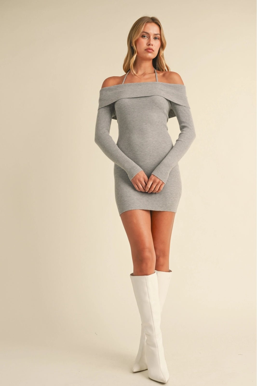 Grey Off Shoulder Halter Strap Sweater Mini Dress - STYLED BY ALX COUTUREDRESSES