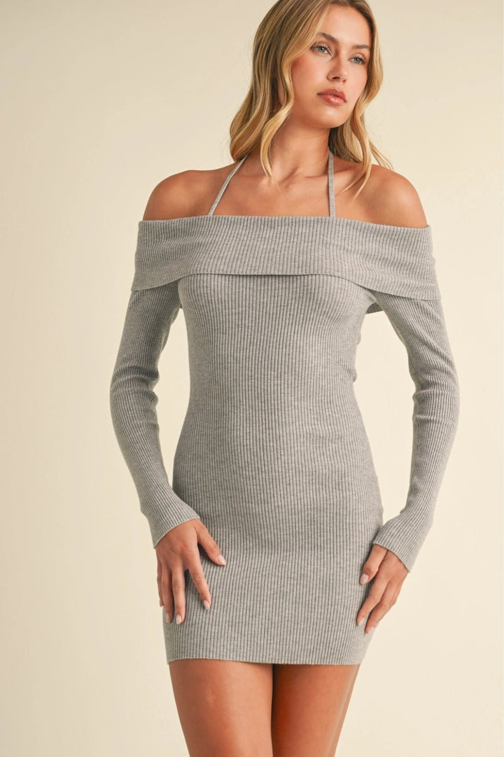 Grey Off Shoulder Halter Strap Sweater Mini Dress - STYLED BY ALX COUTUREDRESSES