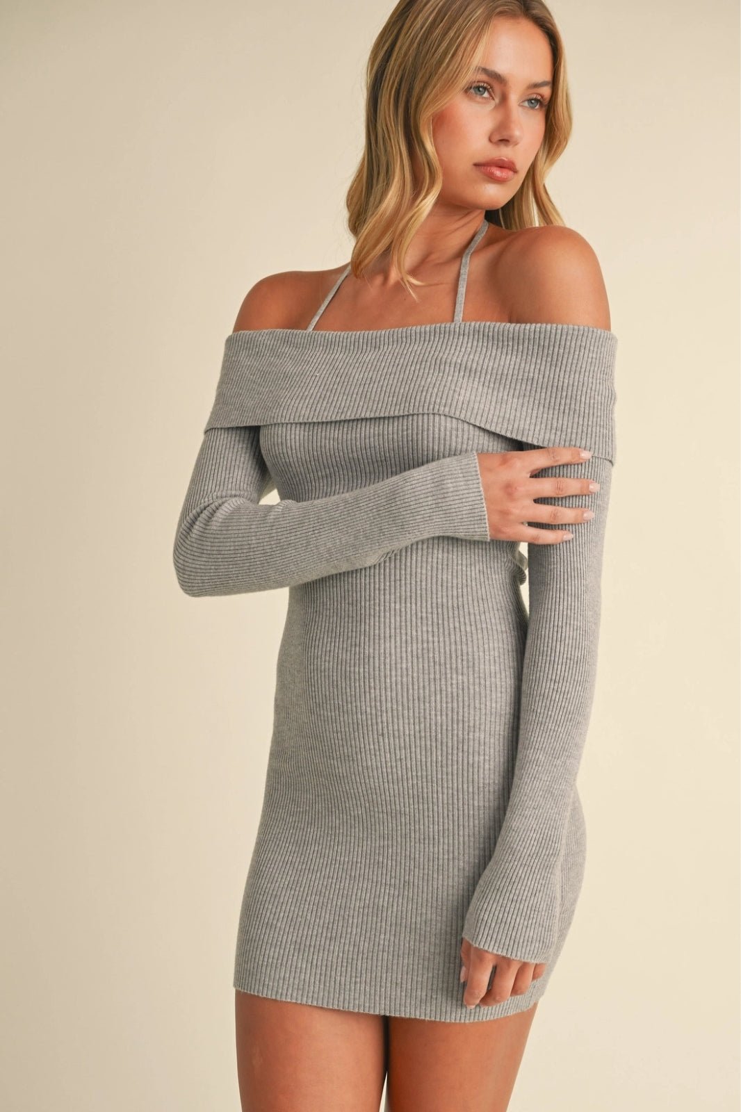 Grey Off Shoulder Halter Strap Sweater Mini Dress - STYLED BY ALX COUTUREDRESSES