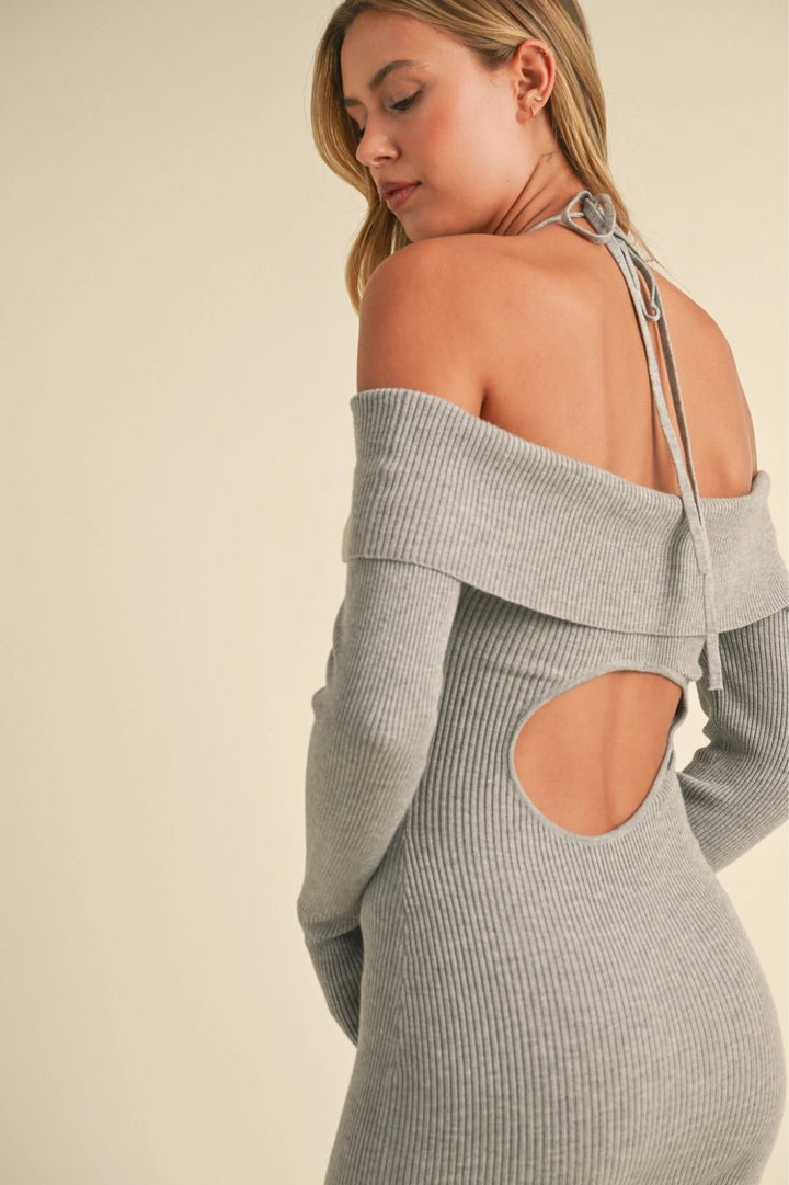 Grey Off Shoulder Halter Strap Sweater Mini Dress - STYLED BY ALX COUTUREDRESSES