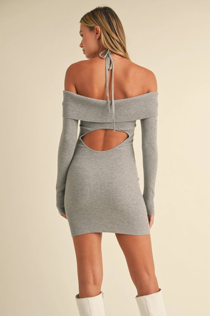 Grey Off Shoulder Halter Strap Sweater Mini Dress - STYLED BY ALX COUTUREDRESSES