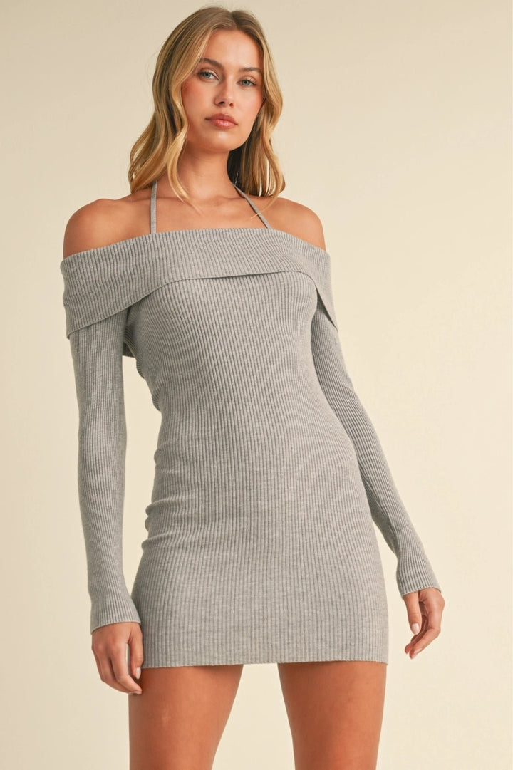 Grey Off Shoulder Halter Strap Sweater Mini Dress - STYLED BY ALX COUTUREDRESSES