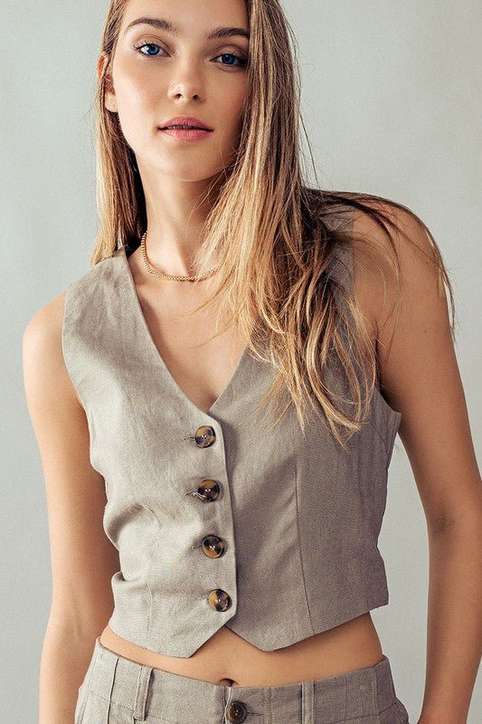 Greystone Linen Buttoned Vest Top *PRE* - STYLED BY ALX COUTUREShirts & Tops