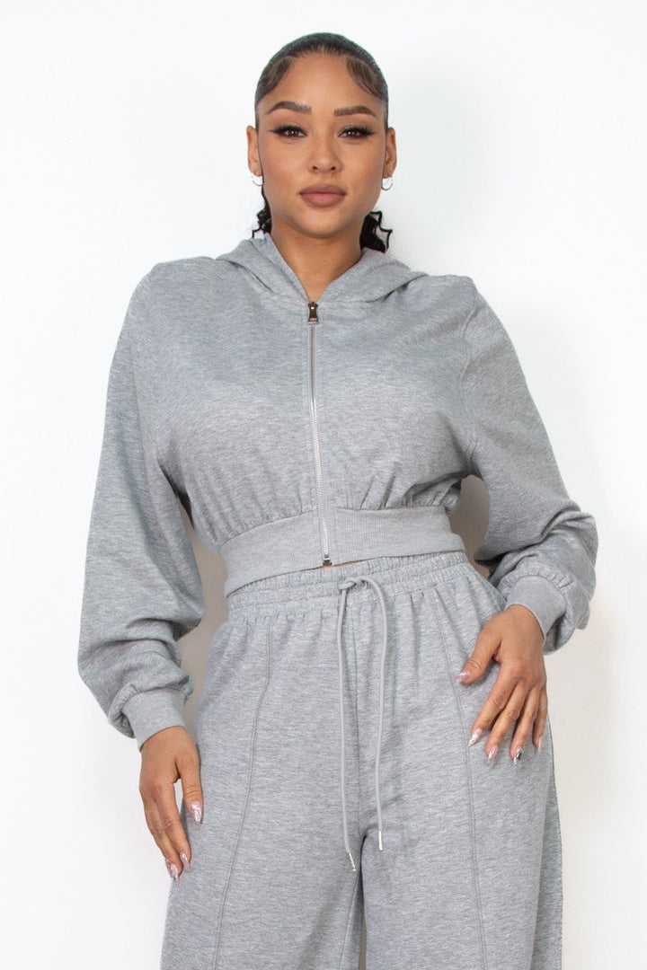 Heather Grey Zip - Up Hoodie Solid Crop Jacket - STYLED BY ALX COUTURESWEATERS