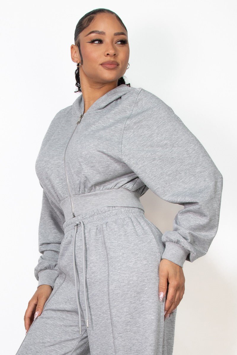 Heather Grey Zip - Up Hoodie Solid Crop Jacket - STYLED BY ALX COUTURESWEATERS