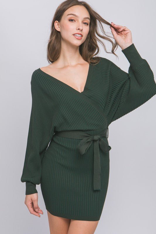 Hunter Green Off Shoulder Wrap Belted Ribbed Knit Dress - STYLED BY ALX COUTUREDRESS