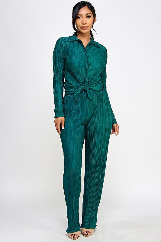 Hunter Green Pleated Shirt and Pants Set - STYLED BY ALX COUTUREOutfit Sets