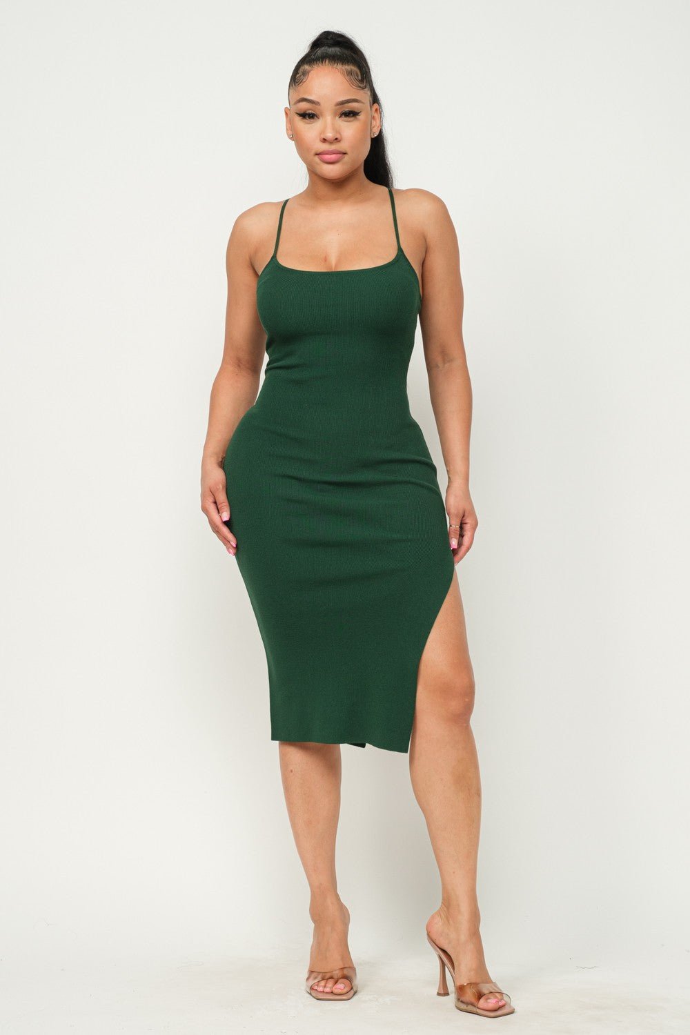 Hunter Green Side Slit Cami Dress - STYLED BY ALX COUTUREDresses