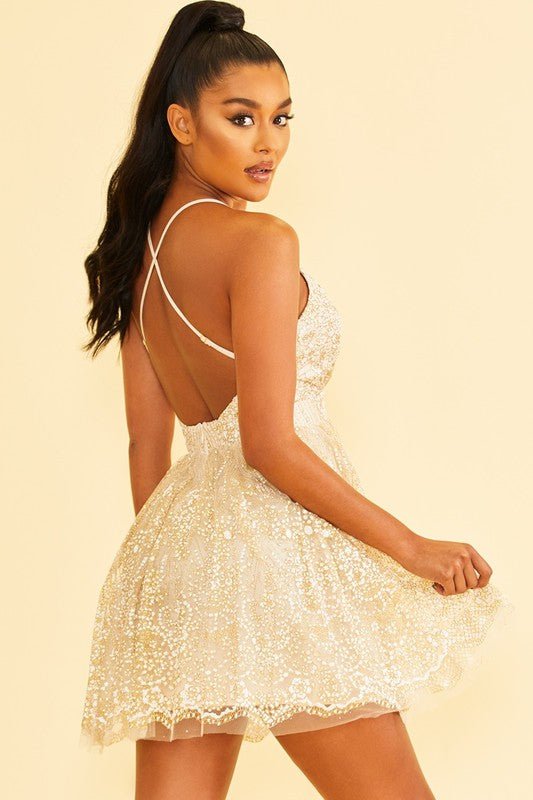 Ivory Gold Glitter Floral Mini Dress - STYLED BY ALX COUTUREDresses