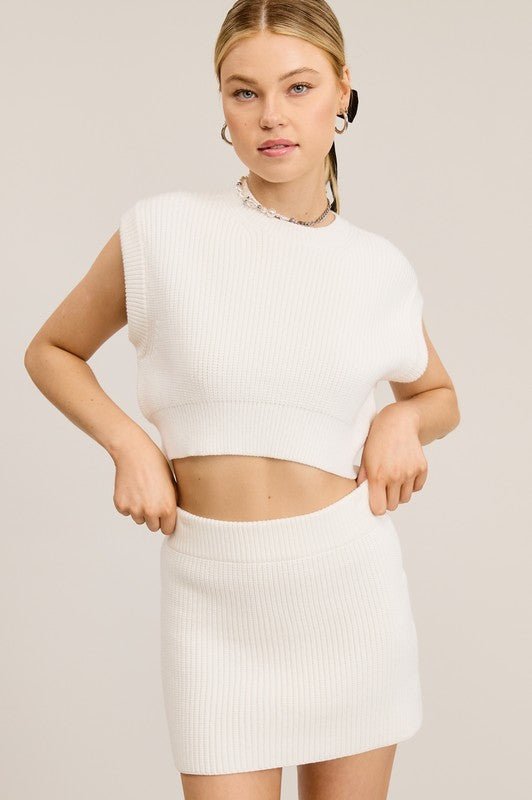 Ivory Ribbed Knit Vest Mini Skirt Set - STYLED BY ALX COUTURESkirt Set