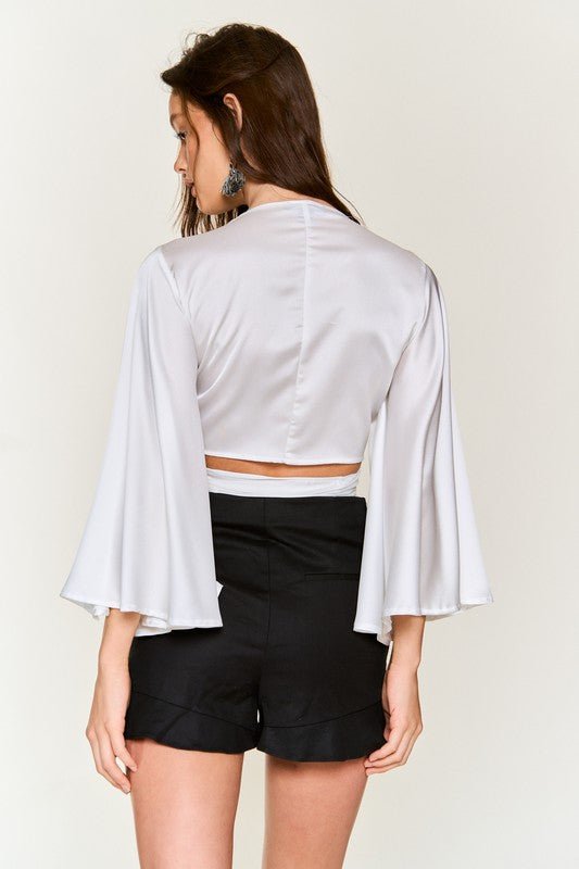 Ivory Satin Kimono Sleeve Wrap Top - STYLED BY ALX COUTUREShirts & Tops