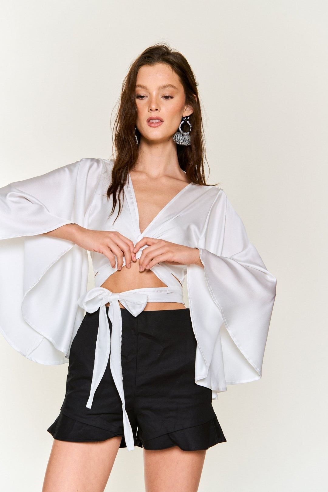 Ivory Satin Kimono Sleeve Wrap Top - STYLED BY ALX COUTUREShirts & Tops
