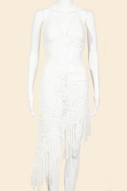 Ivory Two Piece Floral Trim Fringe Cover Up - STYLED BY ALX COUTURESWIMWEAR COVER - UPS