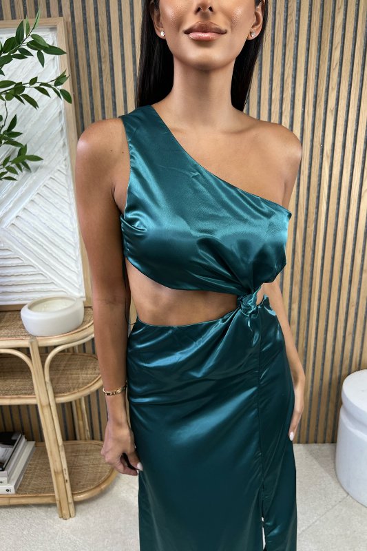 Jewel Green Satin Asymmetrical Cutout Dress - STYLED BY ALX COUTUREDresses