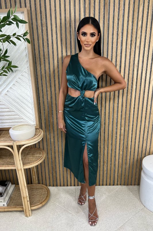 Jewel Green Satin Asymmetrical Cutout Dress - STYLED BY ALX COUTUREDresses