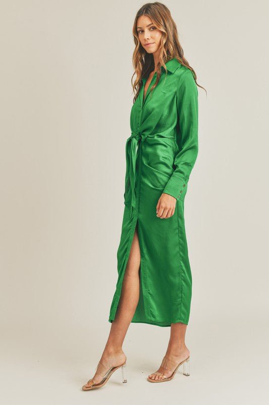 Kelly Green Front Tie Midi Dress - STYLED BY ALX COUTUREDresses