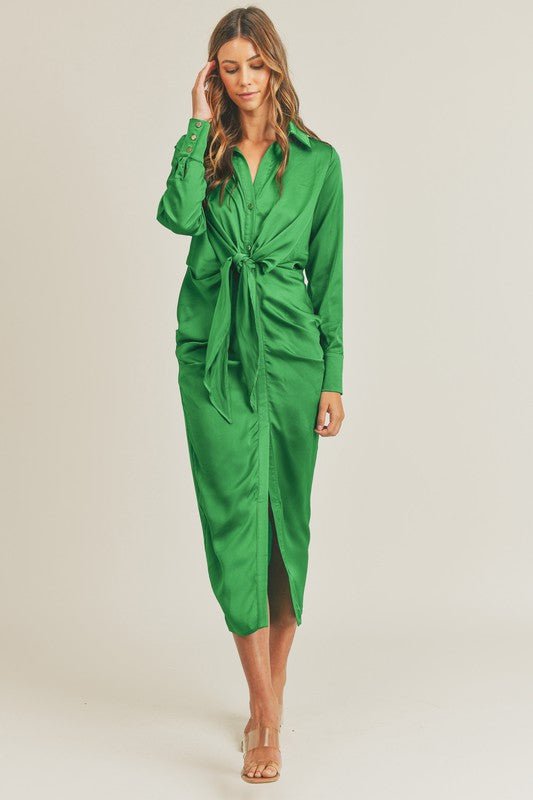 Kelly Green Front Tie Midi Dress - STYLED BY ALX COUTUREDresses