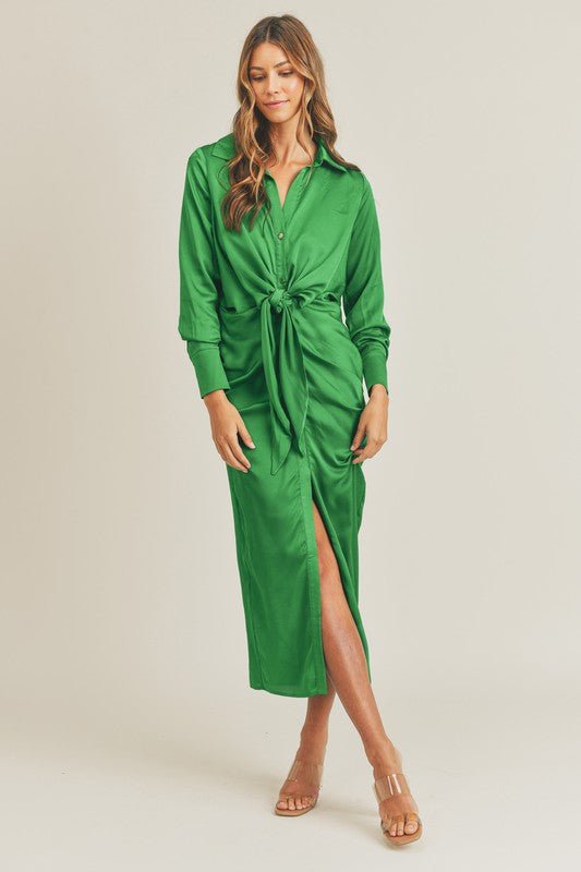 Kelly Green Front Tie Midi Dress - STYLED BY ALX COUTUREDresses
