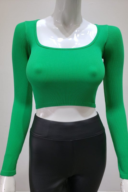 Kelly Green Long Sleeve Scoop Neck Ribbed Crop Top - STYLED BY ALX COUTUREShirts & Tops