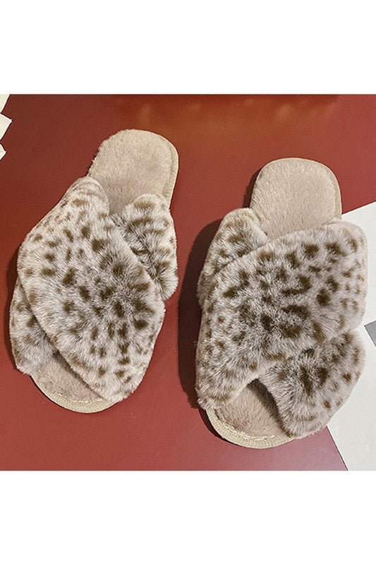 Khaki Leopard Strap Open Fluffy Slippers - STYLED BY ALX COUTUREShoes