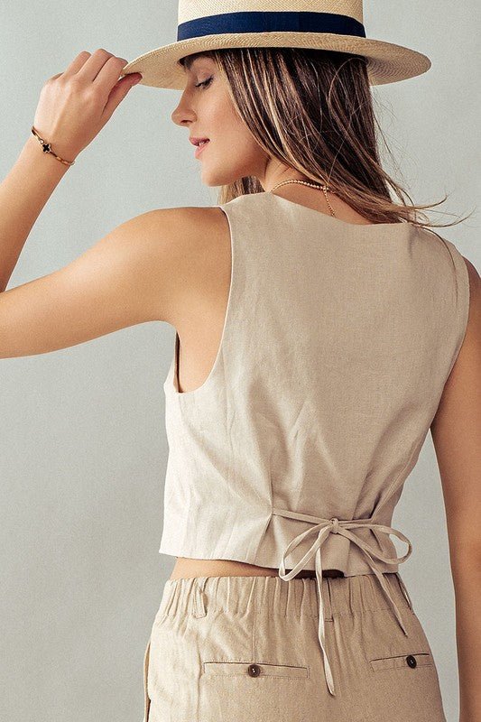 Khaki Linen Buttoned Vest Top - STYLED BY ALX COUTUREShirts & Tops