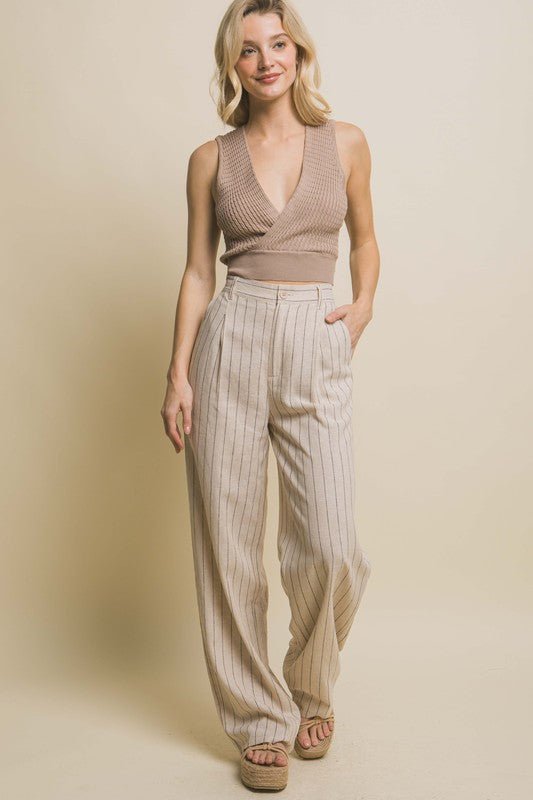 Khaki Linen Stripe Flannel Pants - STYLED BY ALX COUTUREPANTS