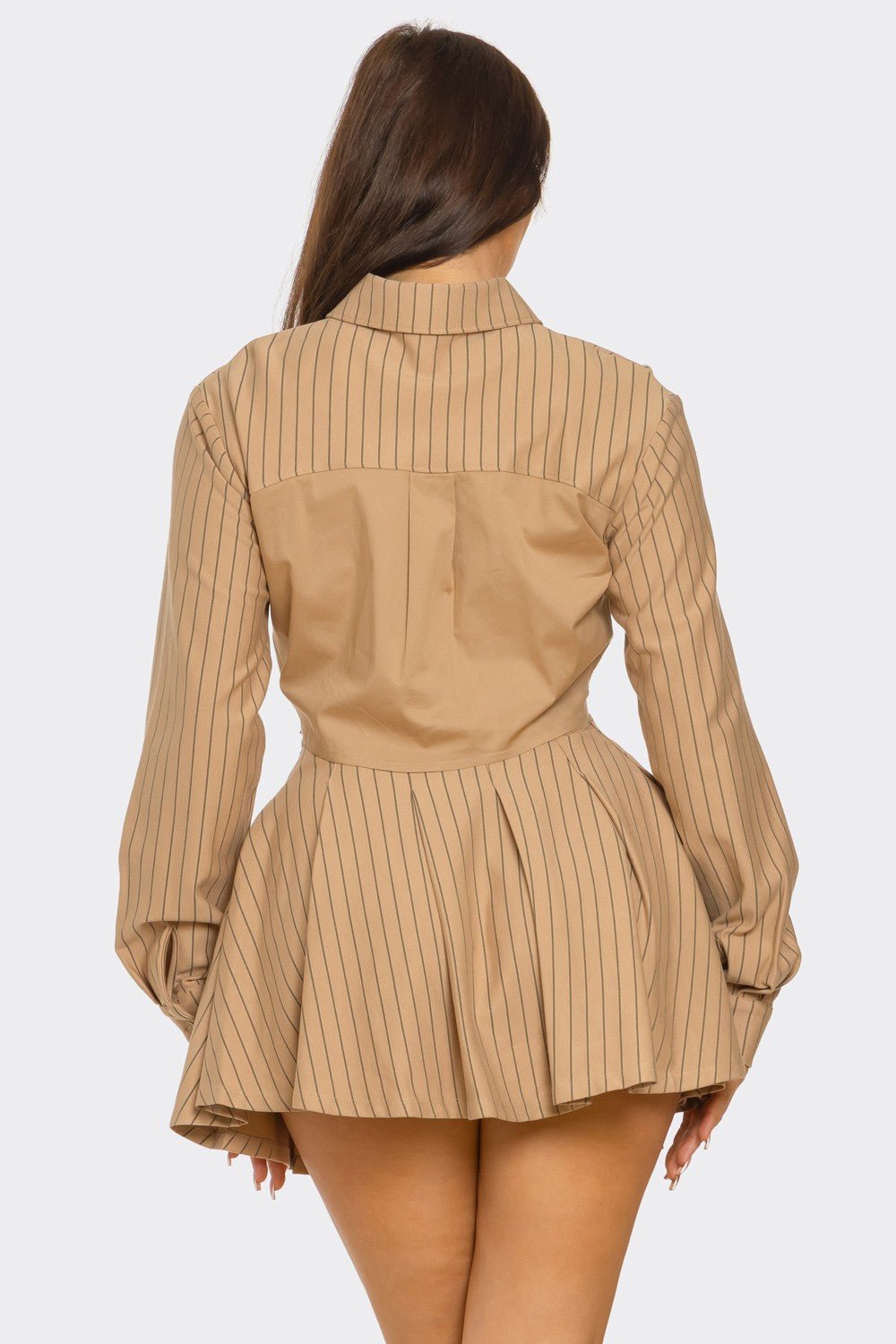 Khaki Ponti Stripe Oversized Out Pocket Shirts Top and Skirt Set - STYLED BY ALX COUTUREOutfit Sets