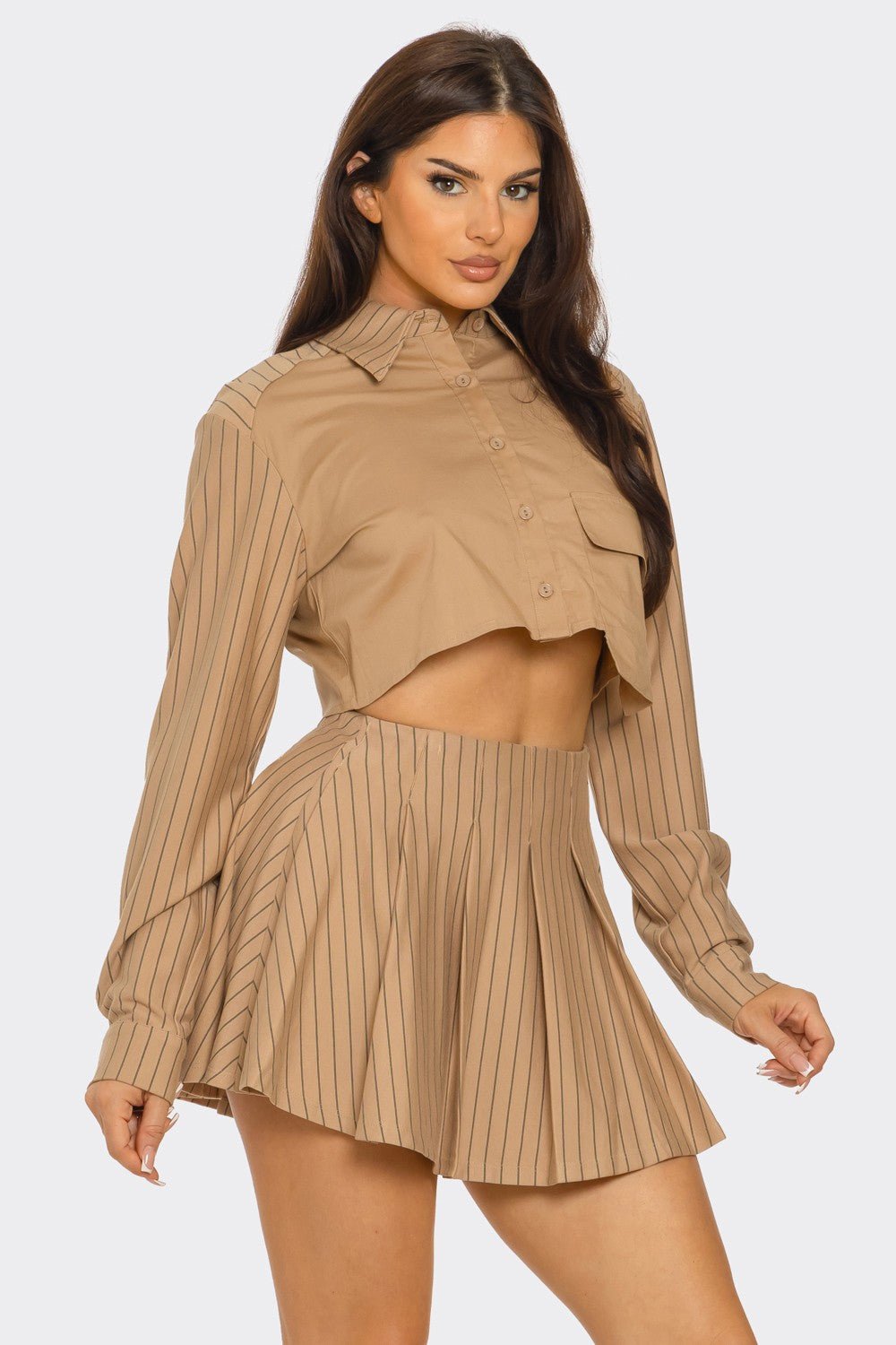 Khaki Ponti Stripe Oversized Out Pocket Shirts Top and Skirt Set - STYLED BY ALX COUTUREOutfit Sets