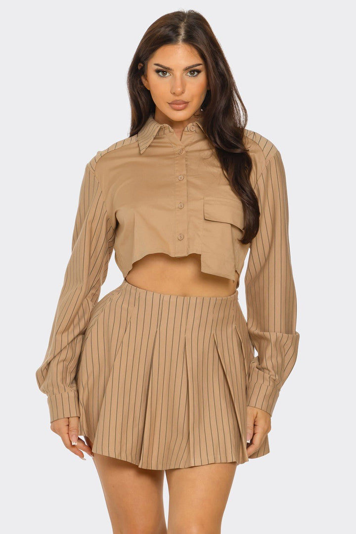 Khaki Ponti Stripe Oversized Out Pocket Shirts Top and Skirt Set - STYLED BY ALX COUTUREOutfit Sets