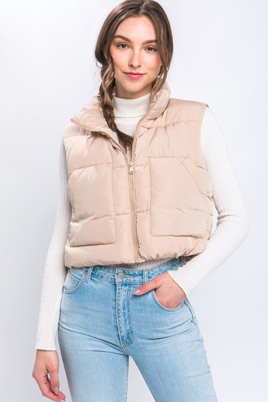 Khaki Puffer Vest With Pockets - STYLED BY ALX COUTURECoats & Jackets
