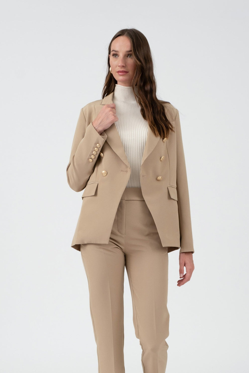 Khaki Solid Gold Hardware Collared Blazer - STYLED BY ALX COUTUREBlazer