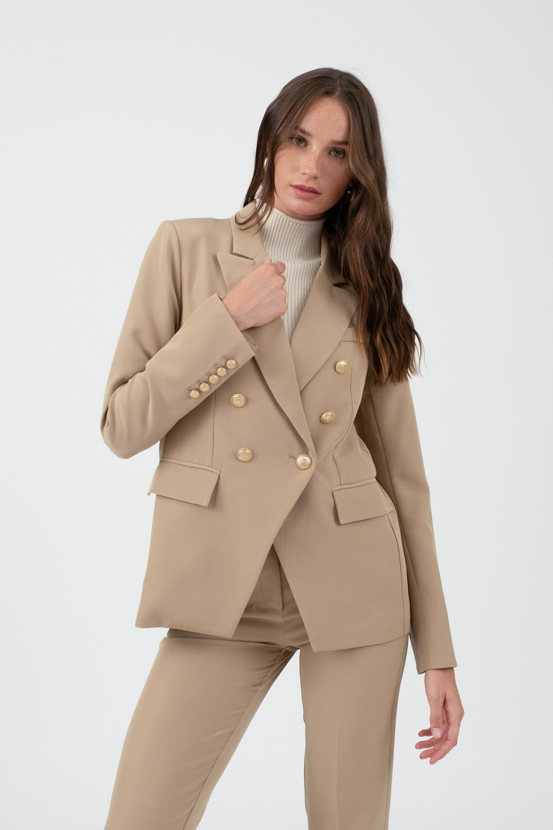 Khaki Solid Gold Hardware Collared Blazer - STYLED BY ALX COUTUREBlazer