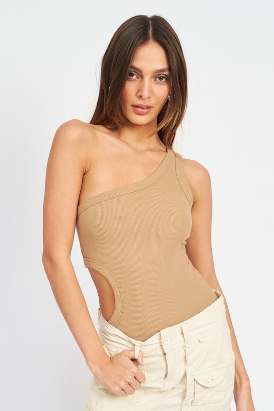 Latte Off Sleeve Side Cutout Bodysuit - STYLED BY ALX COUTUREShirts & Tops