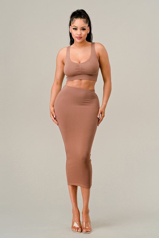 Latte Ruched Tank Top Skirt Set - STYLED BY ALX COUTUREOutfit Sets