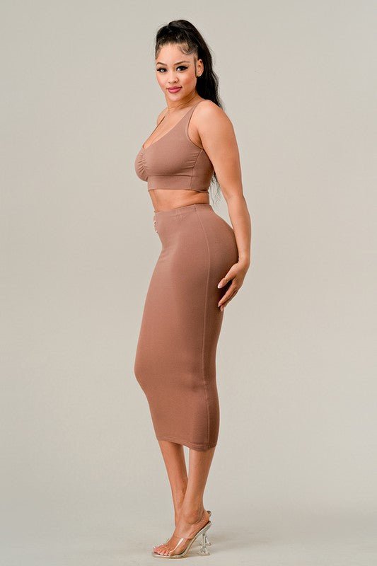 Latte Ruched Tank Top Skirt Set - STYLED BY ALX COUTUREOutfit Sets