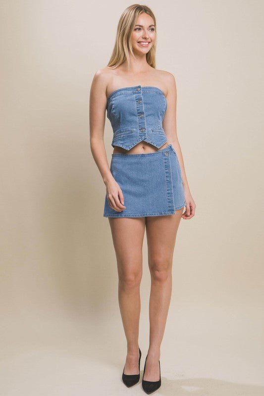 Light Blue Denim Strapless Button - Up Crop Top - STYLED BY ALX COUTUREShirts & Tops