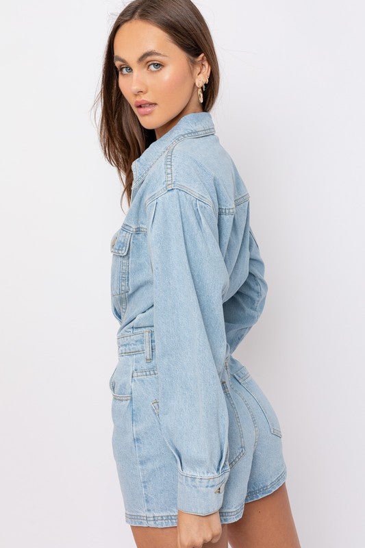 Light Denim Long Sleeve Romper - STYLED BY ALX COUTUREJumpsuits & Rompers